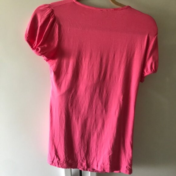 Esprit Drapey Hot Pink Stretch Puff Sleeves Criss Cross Top T- Shirt Tee Ruched - Picture 3 of 8